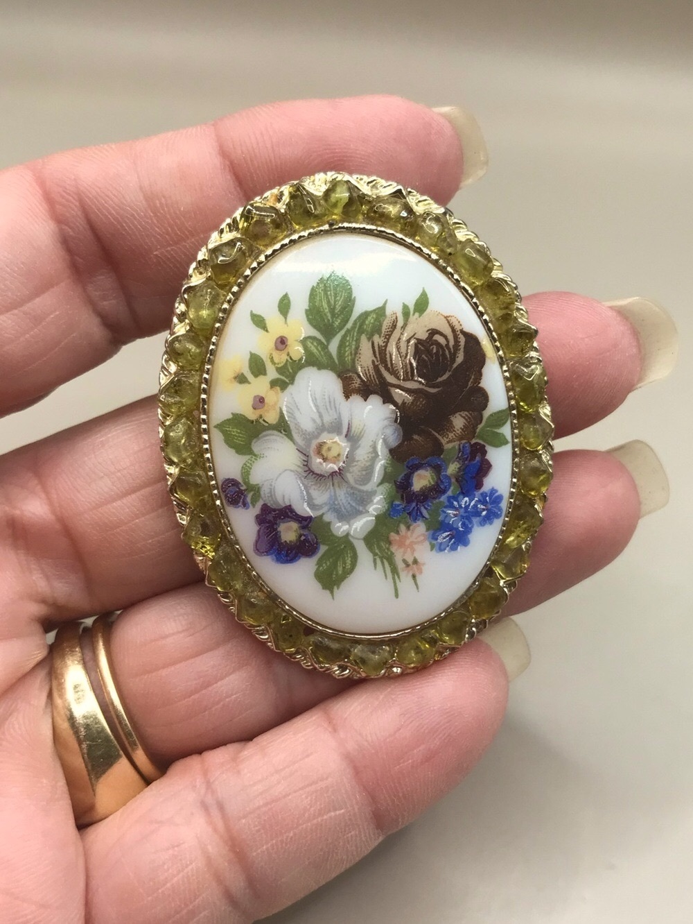 Vintage Floral Brooch /Enhancer with a Gold-Tone & Citrine Chips Frame